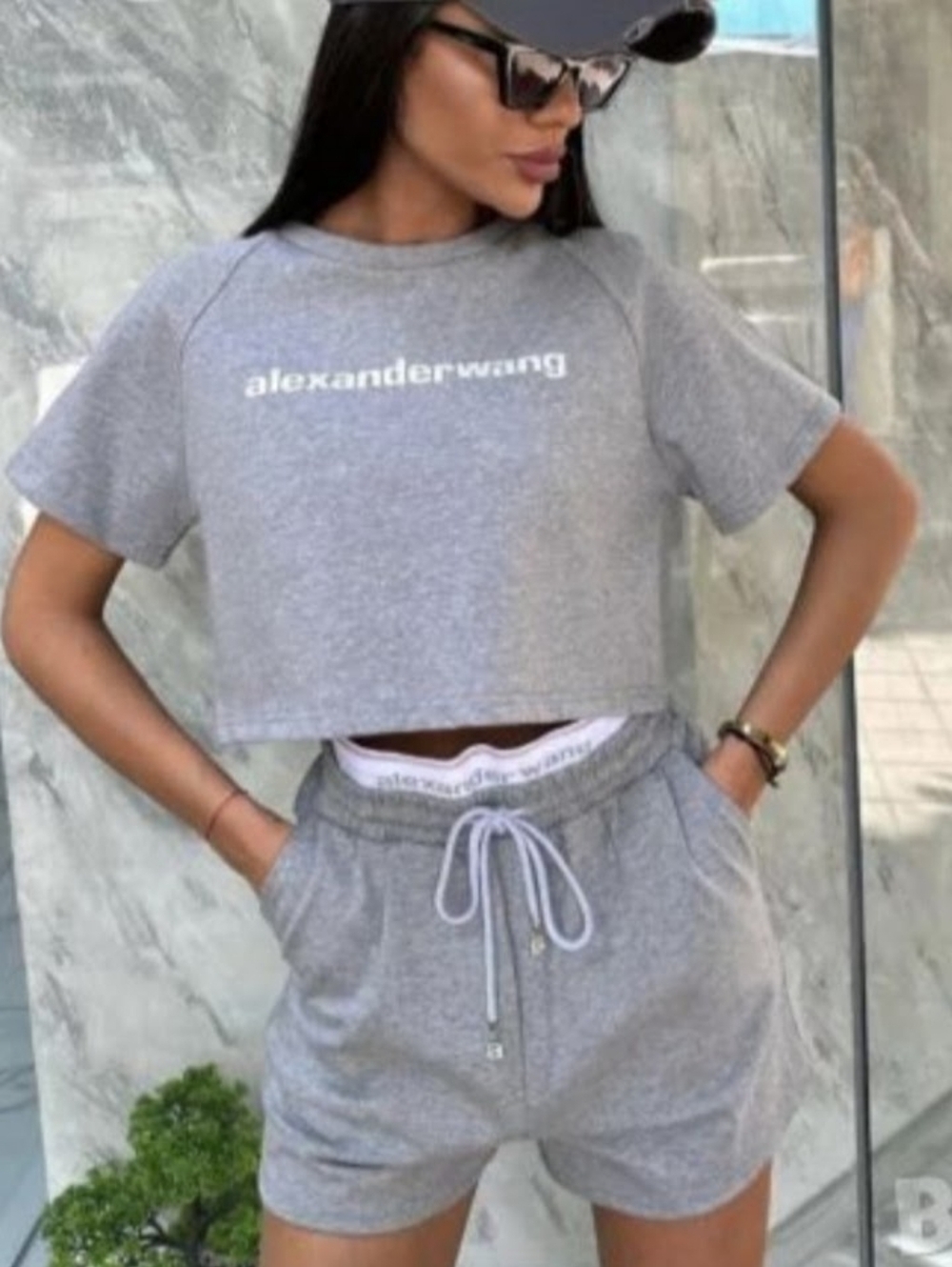 Alexander Wang Gray Logo T-shirt And Lounge Shorts Set